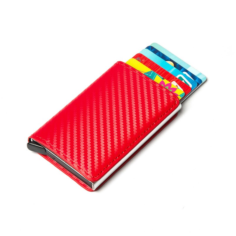 Bycobecy Clutch Pop-Up Smart Wallet Cardbon Fiber Rfid Metalen Kaarthouder Lederen Aluminium Doos Slanke Dunne card Case: Red TQ012