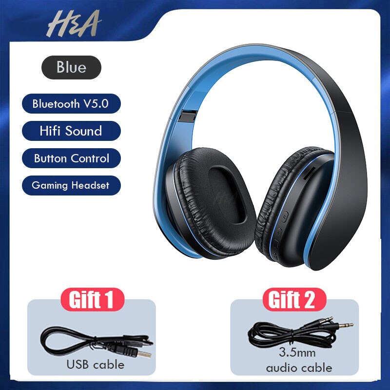 HiFi Stereo Bluetooth Headphone with Mic Foldable Wireless Headset Gaming Earphone for Phone Tablet Support FM Radio and TF Card: Blue