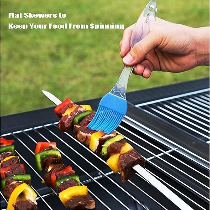 Thick Stainless Steel Flat Stick Long Stick Barrel Embossed Barbecue Stick Barbecue Needle Mutton String Barbeque Accessories