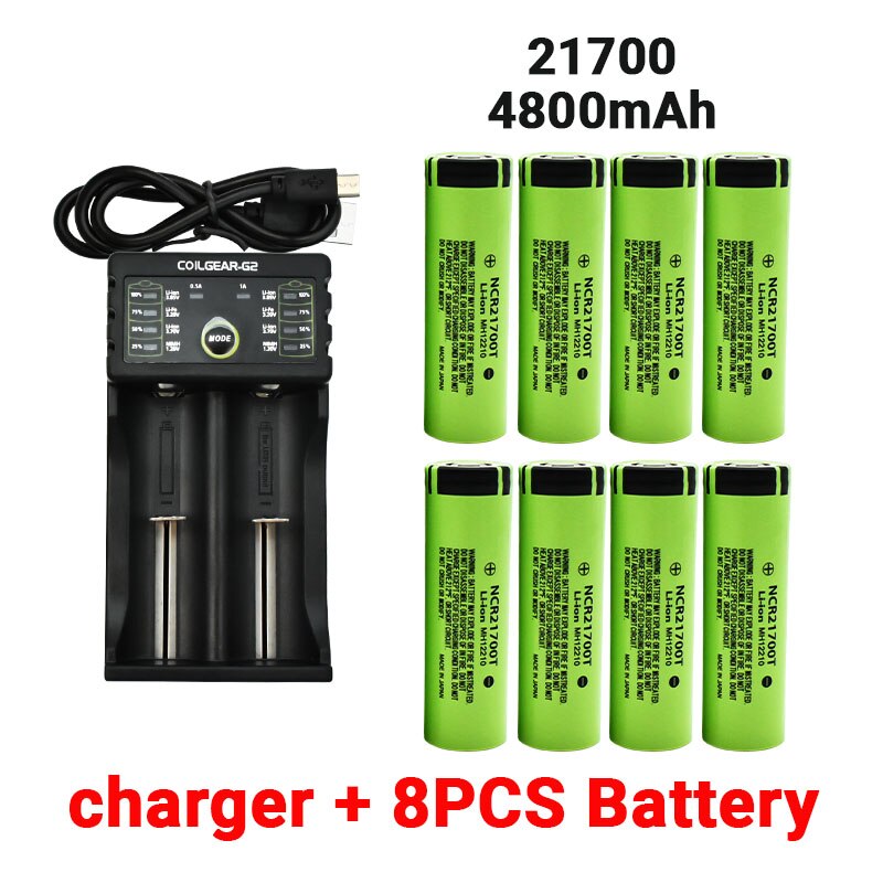 21700 NCR21700T Rechargeable Lithium 4800mAh 3.7V Power Battery High Discharge High Drain Li-ion Battery HD Cell +charger: Green