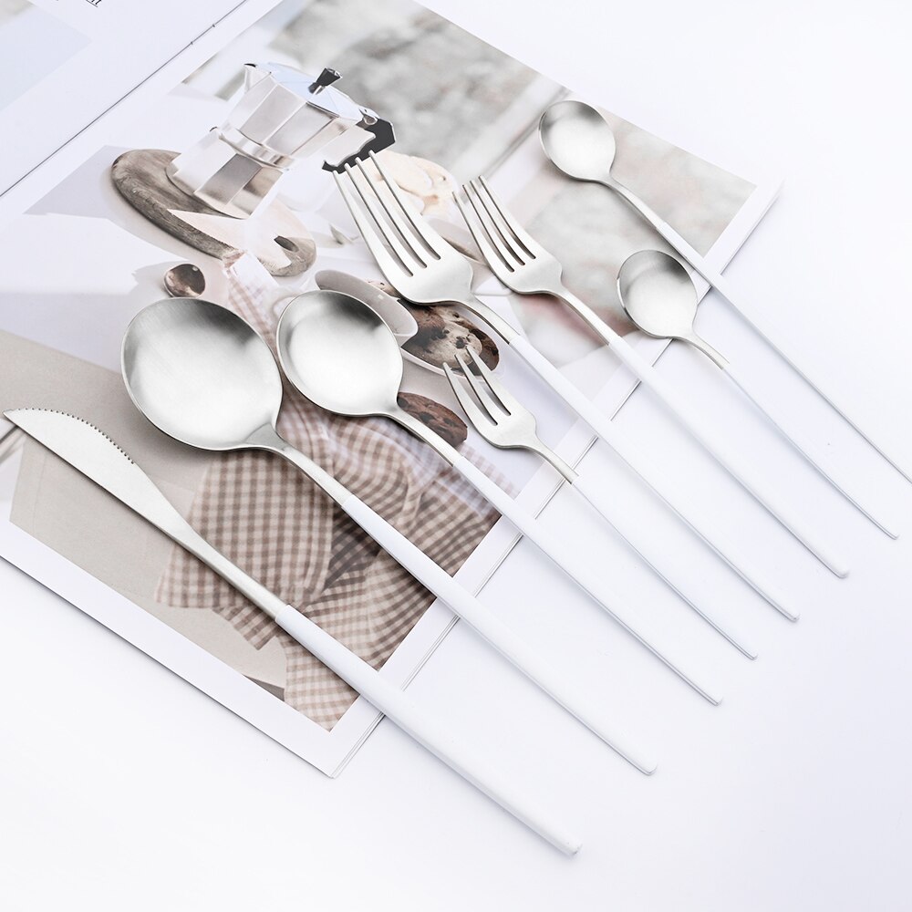 Drmfiy White Silver Dinnerware Set Western Matte Cutlery Stainless Steel Kitchen Tableware Fork Spoons Silverware Flatware Set
