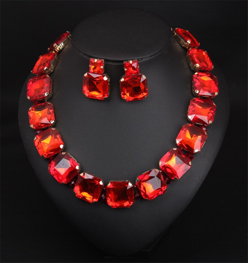 Bohemian Geometric Red Crystal Bridal Wedding Jewelry Sets For Women Statement Rhinestone Gold Color Clavicle Luxury Jewelry: Red