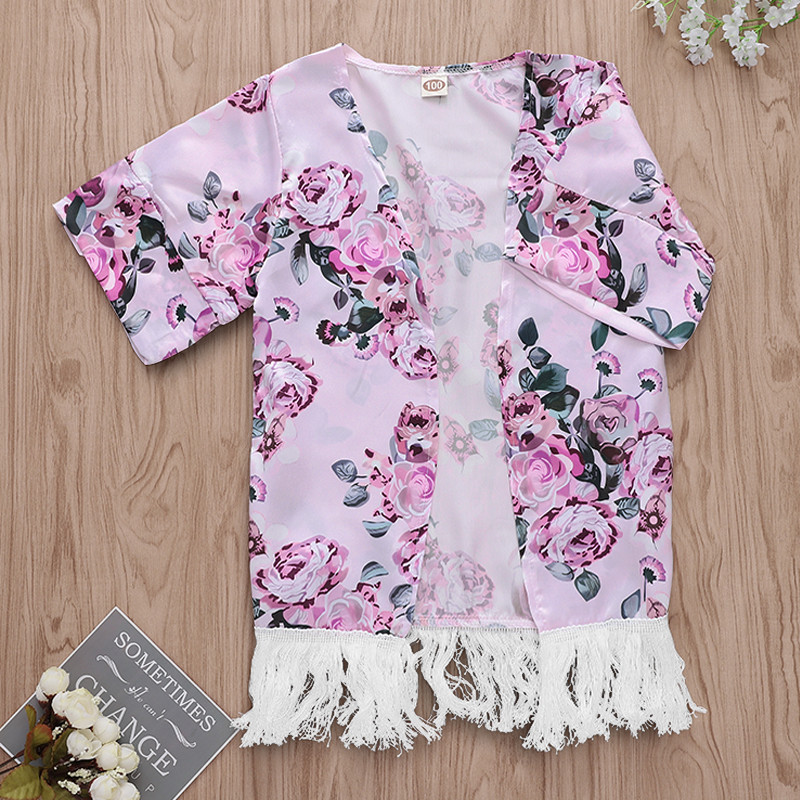 Barn bebis flickor blommig tofs öppen kofta kimono ytterkläder sommar tjej kappa lös jacka ledig blus kläder 1-5t