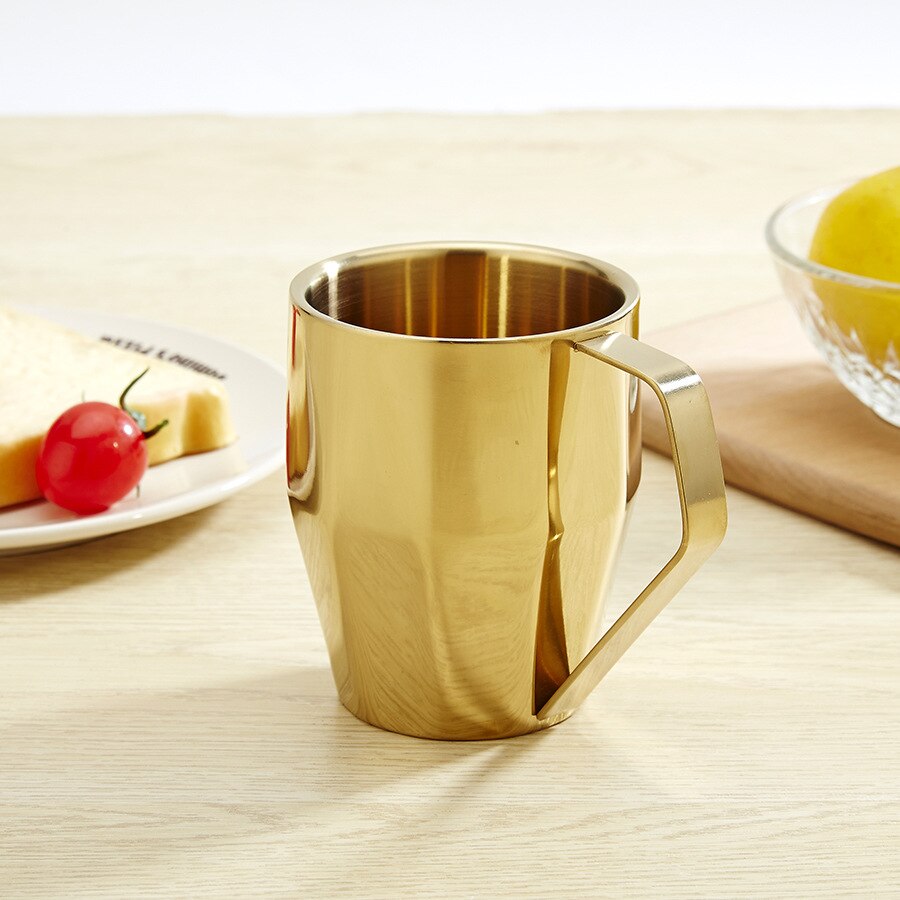 Taza aislante de acero inoxidable, tazas de café de 340ml de doble pared, vaso térmico para cerveza para Taza de Viaje, taza de Camping con mango: 340ML Glod