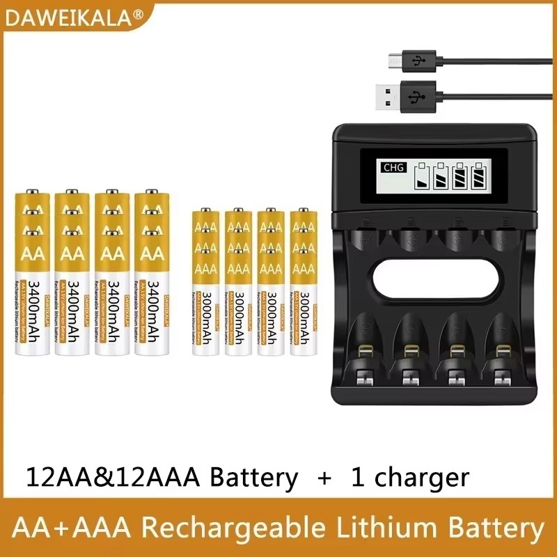 1.5v stk. aa/aaa genopladelige lithium-batterier. -100%  stk. originale polymer-li-ion-batterier med usb-oplader. hurtigopladning, lang levetid til legetøj/genbrug.: Elfenben