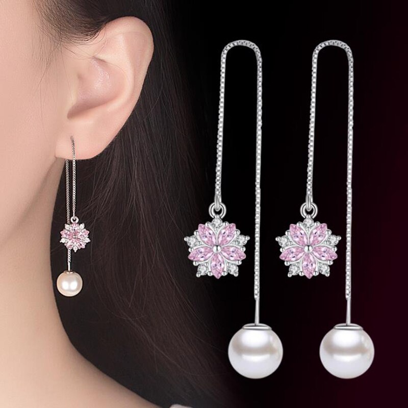 Europe and America 925 Sterling Silver Crystal Flower Pearl Tassel Dangle Earrings for Women Girls Earring Jewelry LY051