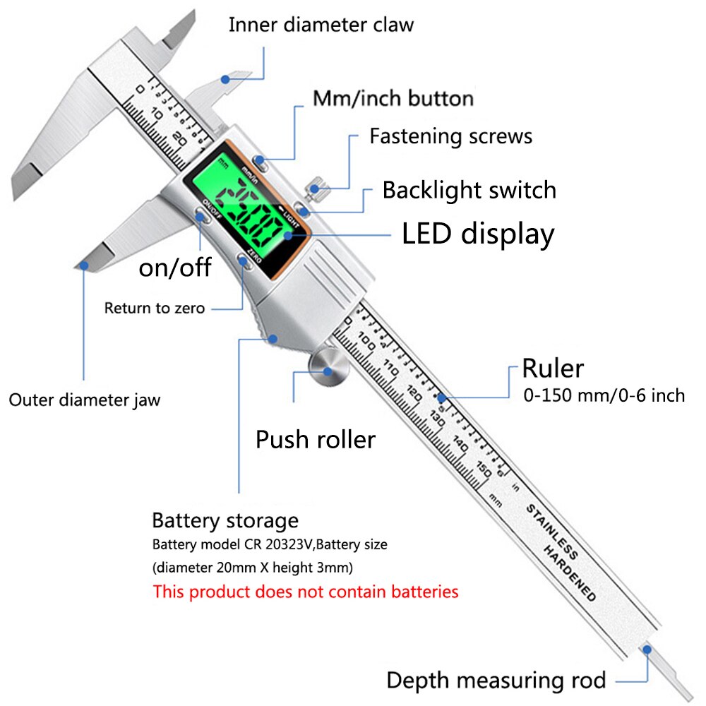 Rvs Metalen Omhulsel Digitale Schuifmaat Elektronische Schuifmaat Backlight Scherm 0-150Mm Meetinstrumenten