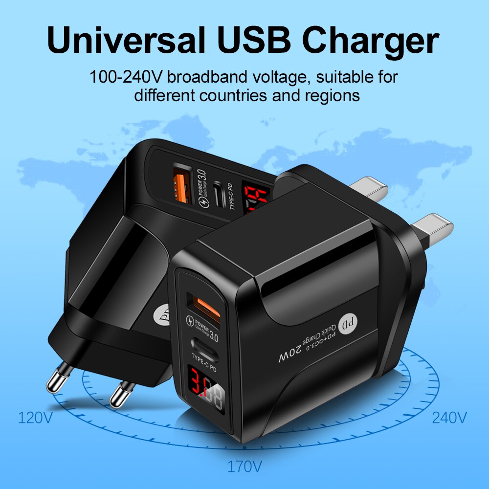 Quick Charge 3.0 Qc Dual Usb Pd USB-C Oplader Digitale Display Fast Charger Voor Iphone 12 7 Xiaomi Samsung Huawei muur Laders