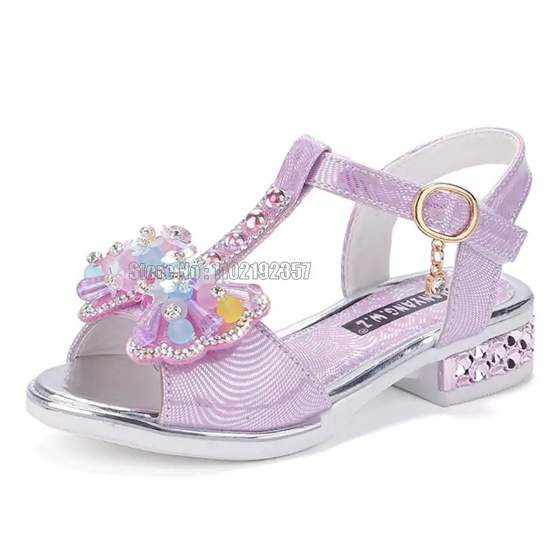 Sandalias de tacón plano para niñas, primavera y verano, vestido de princesa para niños pequeños, zapatos de con lazo para adolescentes: Morado / 35