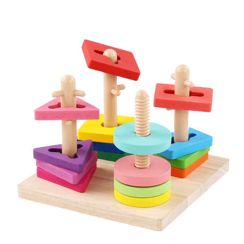 Colorful Geometric Shapes Matching Toys Hands-on Ability Four Columns Block Montessiri Wooden Educational Toy For Kids: A in box