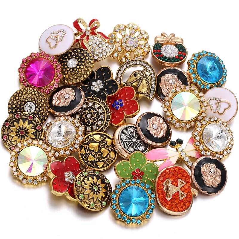 10pcs/lot 18mm Snap Jewelry Mix Many Styles 18mm Metal Snap Buttons Gold Rose Gold Buttons Rhinestone Snaps Jewelry
