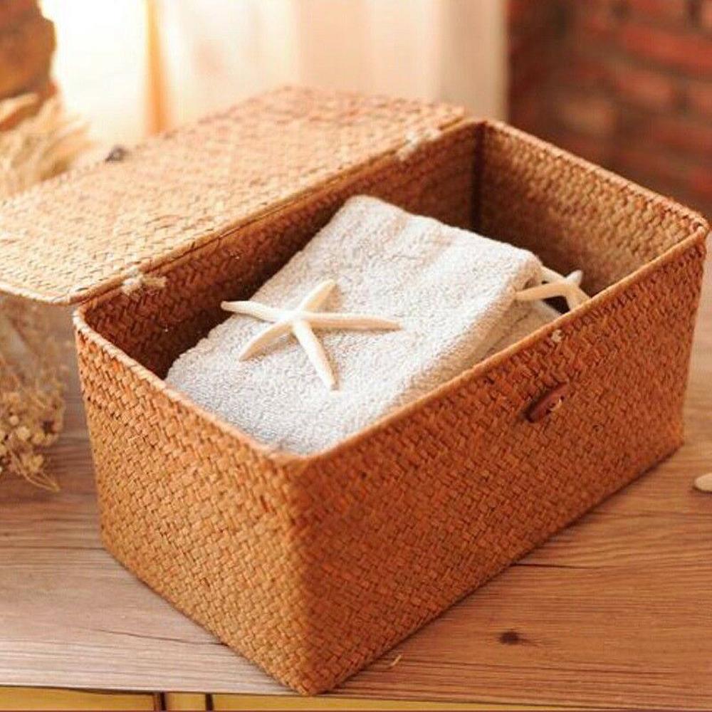 Storage Basket Rattan Storage Box With Lid Hand-woven Jewelry Box Wicker Makeup Organizer Food Container Storage Boxes