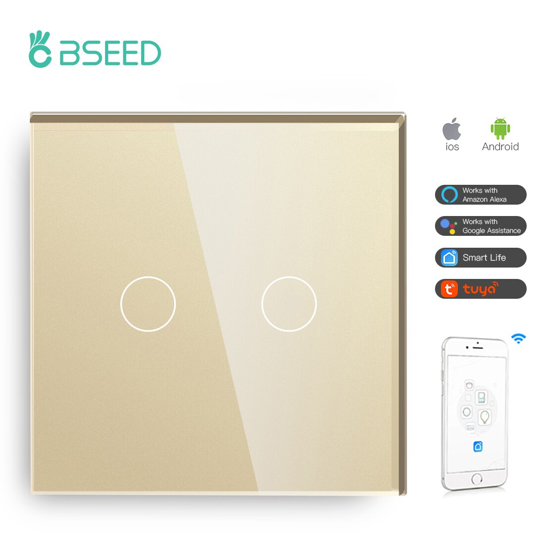 Bseed 2 Gang Multi Control EU Standard Wifi Light Touch Switch Wall Switch Black White Golden With Mirror Crystal Glass Panel
