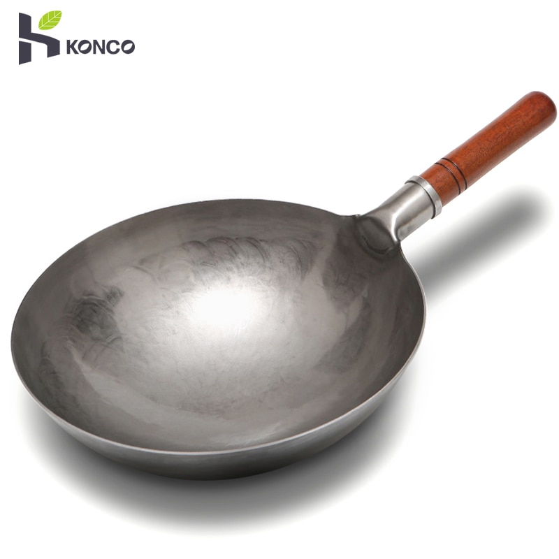 Konco Chinese Traditionele Hand Geslagen Wok, Geen Coating Ijzeren Wok Met Houten Handvat, non-stick Pan Keuken Kookgerei