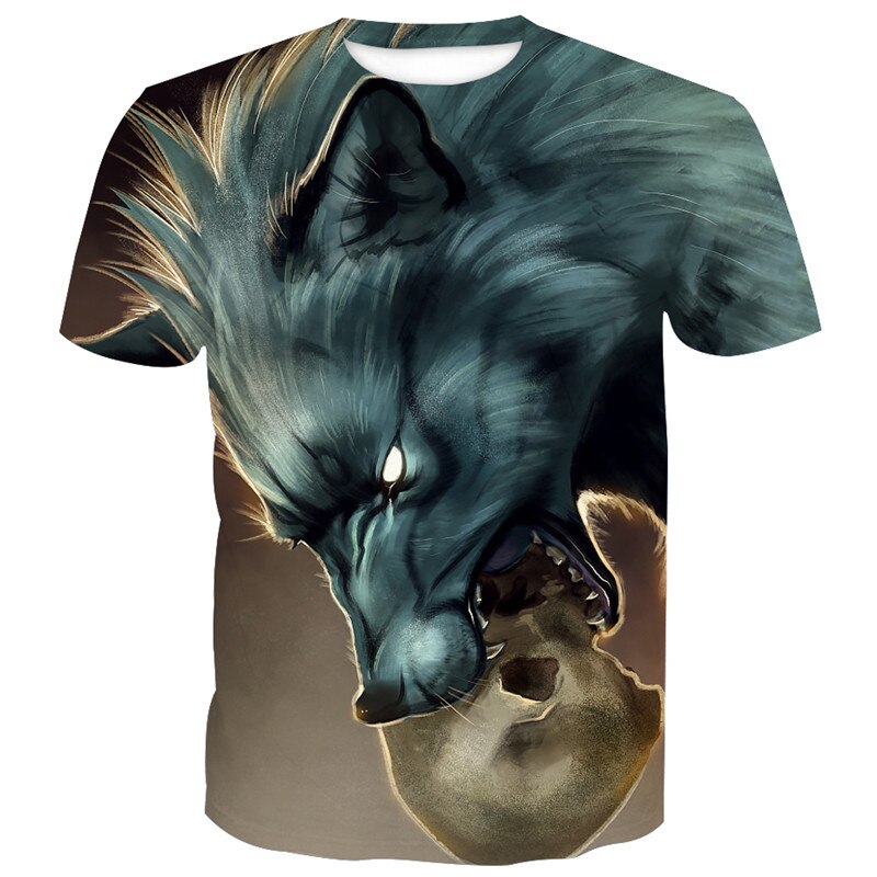 Fun cartoon graffiti dangling skull dibujo de lobo pantalón corto casual-sleeve T-shirt: M