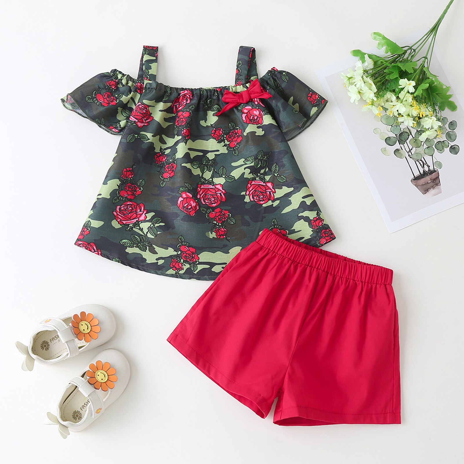 Zomer Kleur Afdrukken Meisje Korte Mouwen En Shorts Set Mode Bloem Boothals T-shirt En Effen Kleur korte Broek