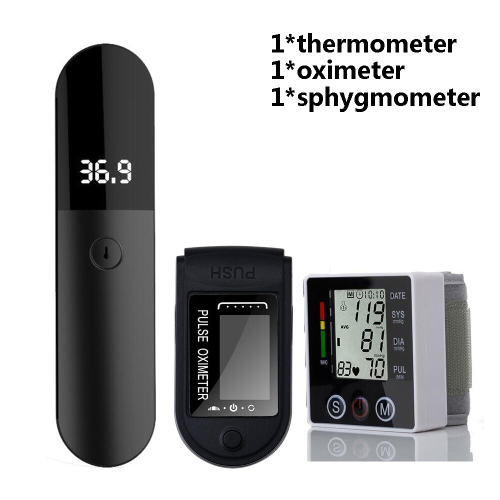 Tensiómetro Digital para muñeca, esfigmomanómetro, oxímetro de pulso para dedo, termómetro IR sin contacto, conjunto de Monitor de salud para el hogar: 3pcs set A-wrist