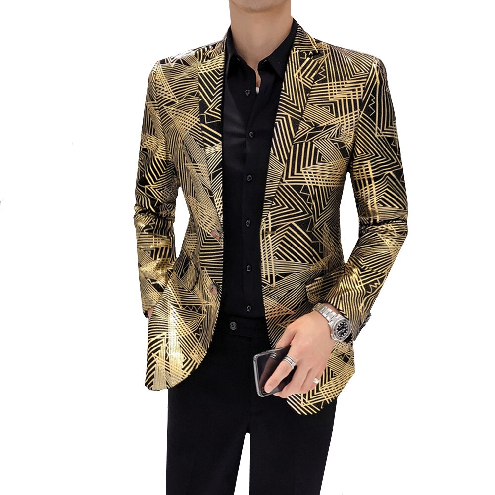 Mannen Blazer Luxe Gouden Strepen Print Business Casual Blazers Slim Fit Mannelijke Jasje DJ Zanger Prom Jacket Plus Size m-5XL