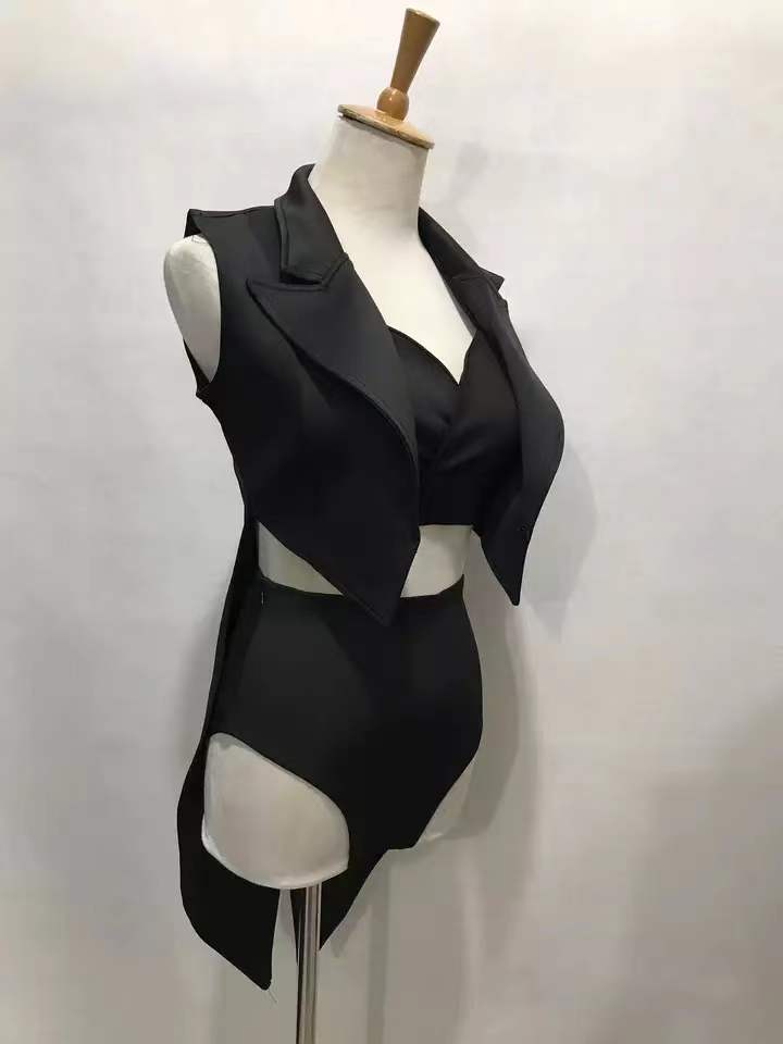 Black Bra Shorts Tailcoat 3-Piece Set Sexy Stage Wear Nightclub Bar DJ Singer Dancer Performance Clothes Women Jazz Dance Outfi: L