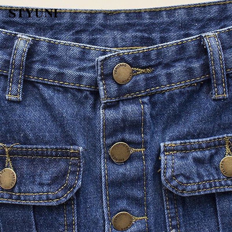 Bomullsdenimkjol med hög midja och skärp, a-linjeformad damkjol, enkelknäppt, avslappnad, koreansk, halvhög vadkjol för kvinnor