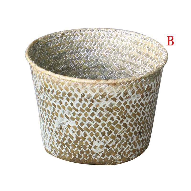 Foldable Handmade Bamboo Storage Basket Laundry Straw Patchwork Wicker Rattan Seagrass Belly Garden Flower Pot Planter Baskets: B