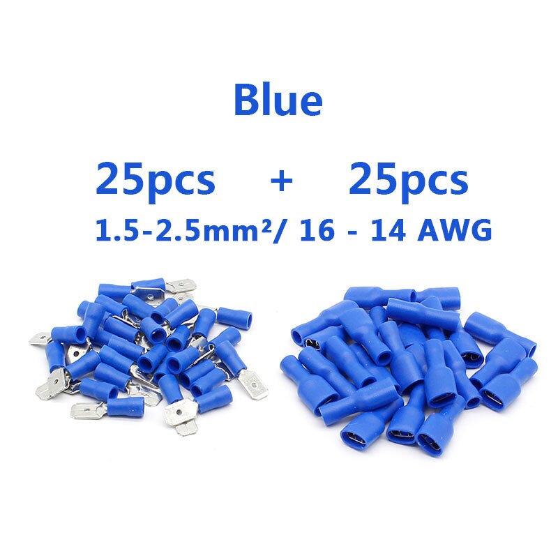 22-18 AWG 16-14AWG Vrouwelijke Mannelijke Elektrische Bedrading Connector Geïsoleerde Crimp Terminal Spade Blauw Rood: Blue 50pcs 25set