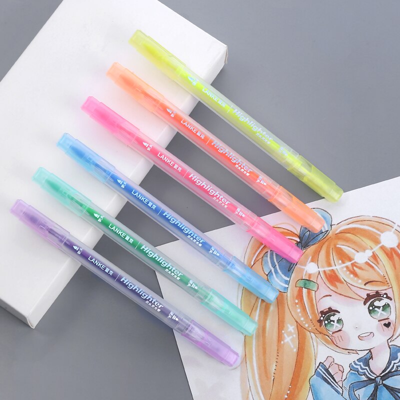 Chenyu 6 Stks/set Markeerstift Briefpapier Borstel Markers Double Headed Fluorescerende Marker Pen 6 Kleuren Kawaii Kantoorbenodigdheden