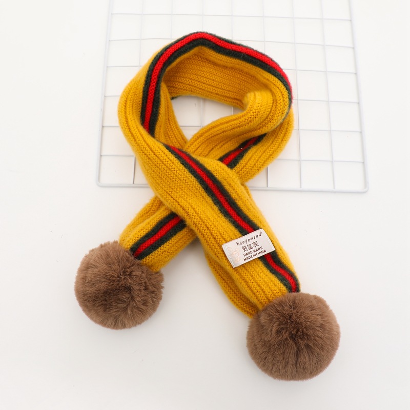 Wiosenne dziewczynki z miękkiej dzianiny szale z pomponami jesienno-zimowa nowe chłopięce dziewczęce kołnierze na szyję dla dzieci ciepłe dziecięce apaszki: żółty w paski Scarf