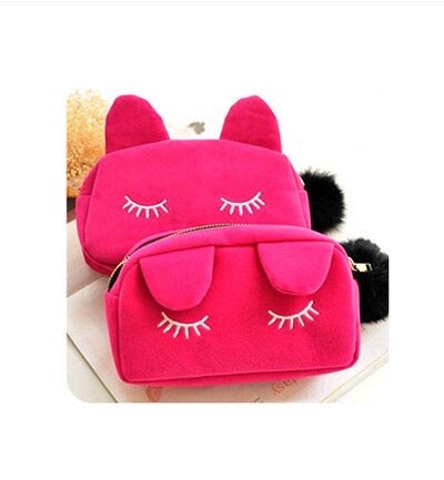 Nekomimi dierenprints canvas draagbare cartoon kat munten opbergdoos reis make-up flanellen etui cosmetische tas: Roze roos