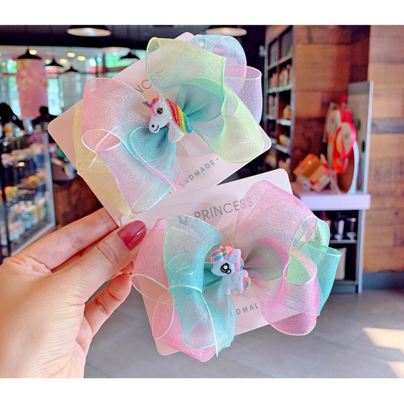 Horquillas de unicornio para niña pequeña, horquillas de arco iris con cintas coloridas, pinzas para el pelo y alfileres con lazo grande, pasadores para niños,