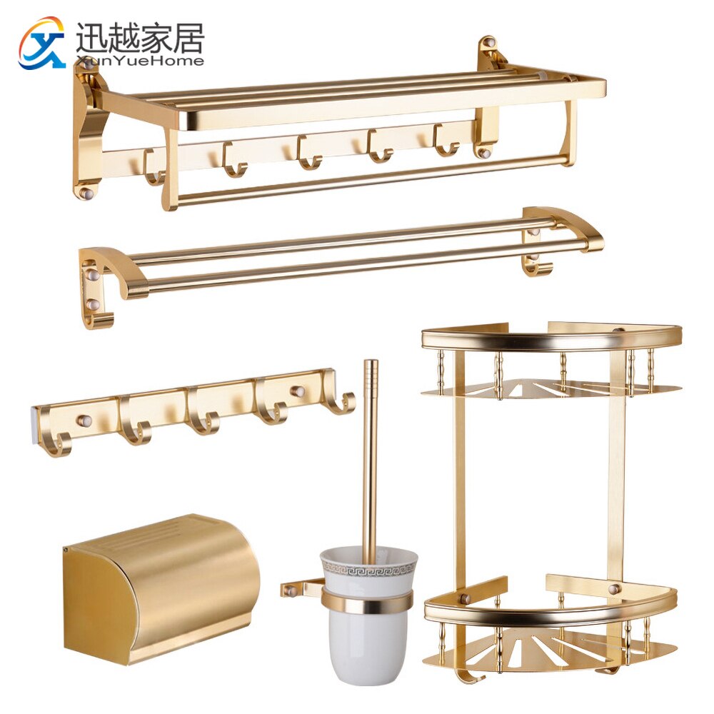 Towel Rack Wall Holder Gold Aluminum Bar Robe Hook Hanger Toliet Paper Holder Bathroom Shelves Hardware Bath Accessories Set