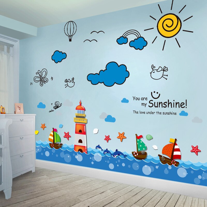 Zeilboot Vuurtoren Muurstickers Diy Cartoon Wolken Zon Muurstickers Voor Kinderkamer Baby Slaapkamer Woondecoratie Accessoires