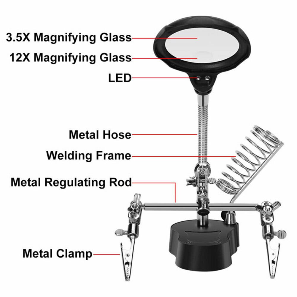 Third Hand Welding Magnifying Glass 3.5X-12X Lens LED Light Auxiliary Clip Loupe Desktop Magnifier For Soldering Repair Stand