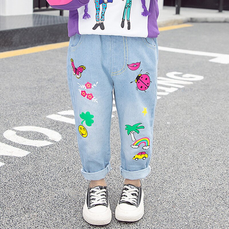 Girls Jeans Pants Spring Denim Jeans ladybug butterfly printing Children Pants Casual Trousers Jeans For Girls Clothes
