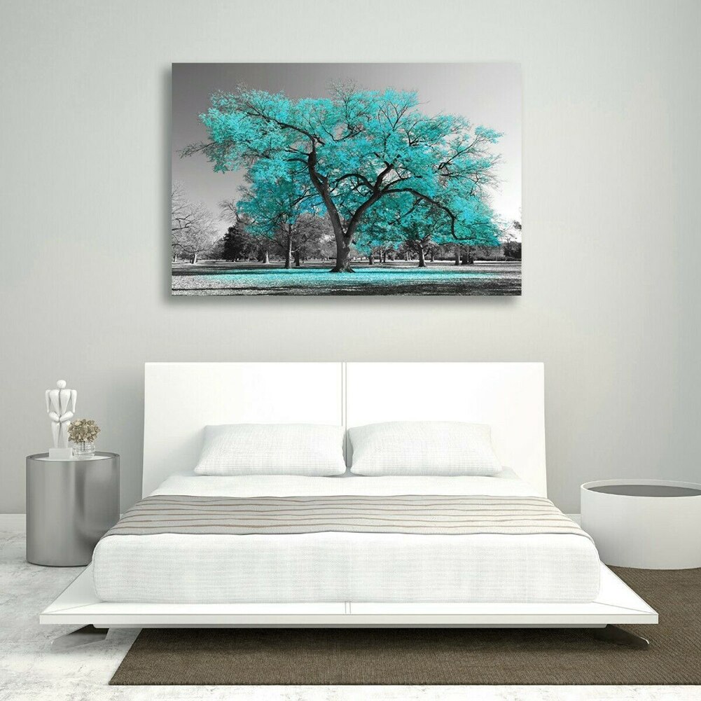 Impresión grande pintura verde azulado turquesa hojas cuadro de pared decoración sala de estar