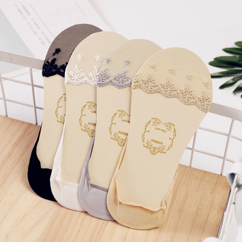 2 Pairs Transparent Short Breathable Lace Socks Women Summer Hollow Out Boat Socks Slippers Female Low Invisible Socks