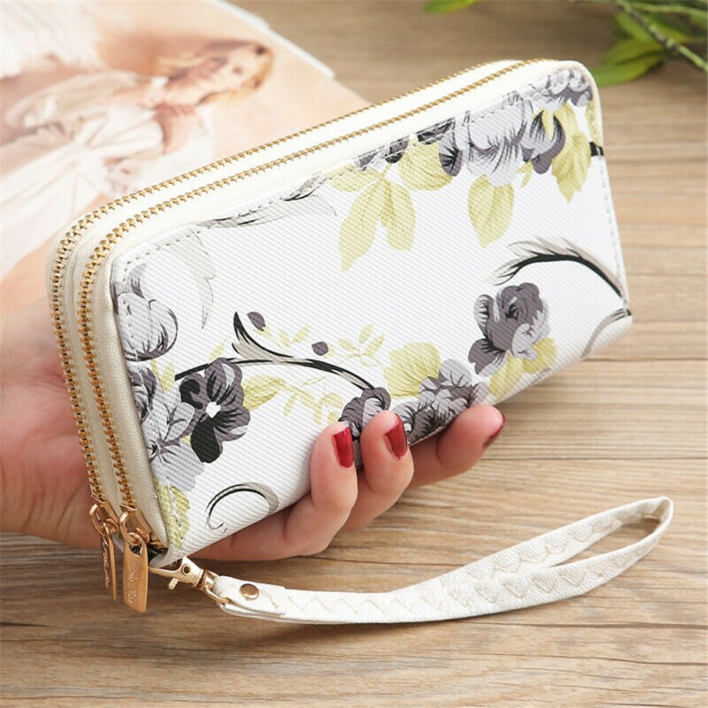 Vrouwen Lederen Dames Elegante Rose Gedrukt Portemonnee Lange Dubbele Rits Portemonnee Kaarthouder Case Clutch Telefoon Portefeuilles