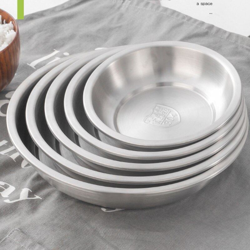 304 Stainless Steel Dinner Plates Kitchen Restaurant Tray Round Dessert Cake Snack Dishes Food Storage Plate Korean Tableware