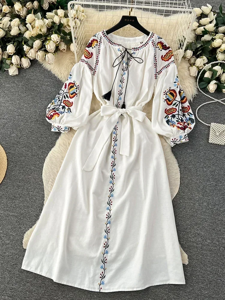 Boho-Kleid für Damen, Jahrgang-Stil, Ethno-Stil, Laterne, langärmelig, bestickt, Rundhalsausschnitt, schmales A-Linien-Kleid aus Baumwolle und Leinen: Himmel Blau