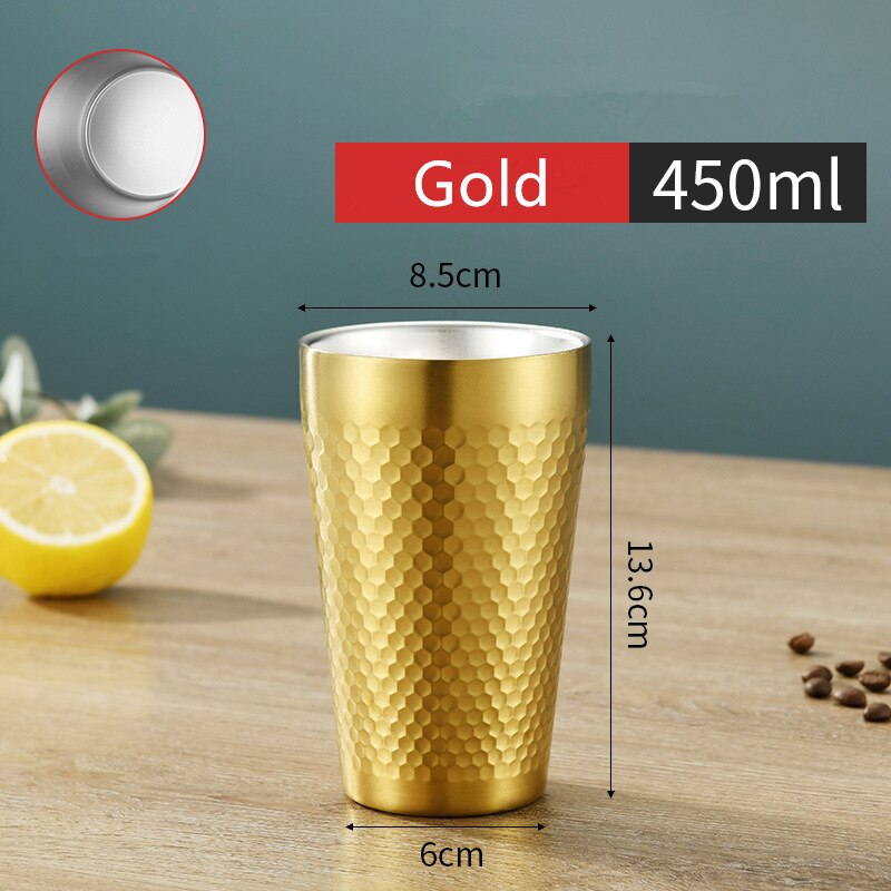Stackable Stainless Steel Beer Cups Unbreakable Drinkware Bar Mug Double Layer Mugs Coffee Tea Cup: Gold 450ML