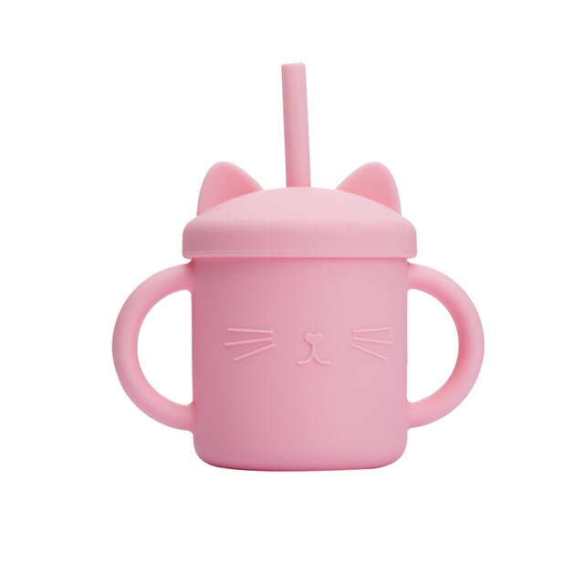 2PCS Baby Feeding Cups Silicone Drinkware Cute Cartoon Cat Sippy Cup For Toddlers Kids Sippy Cup Lids Solid With Handle Drinker: 1PcsPink