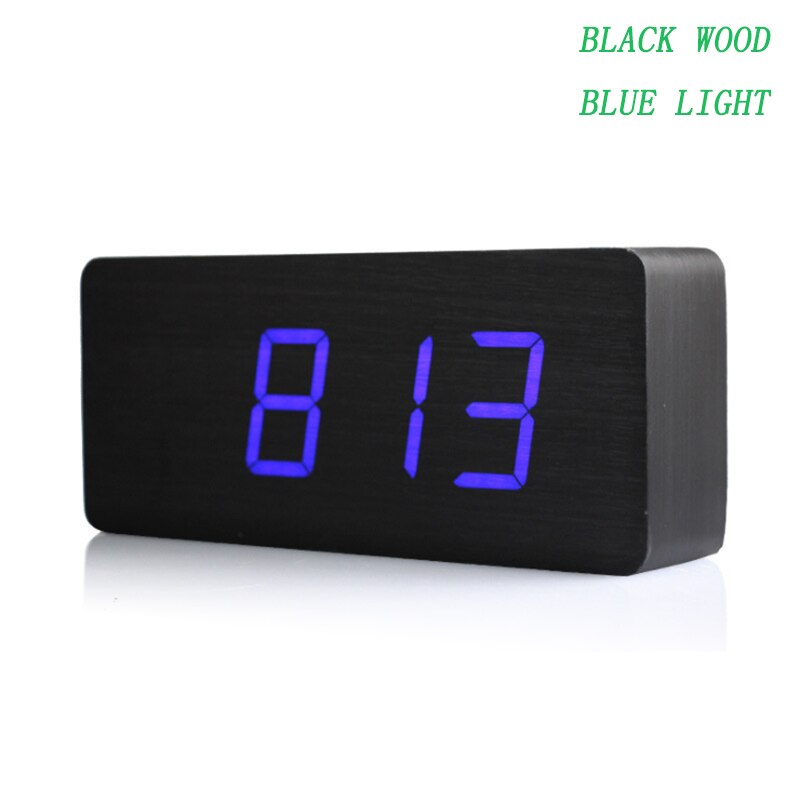 Grote houten klok ongebruikelijke led digitale houten wekker despertador geluid gecontroleerd elektronische klok desktop 21*9*5cm: Zwart houtblauw