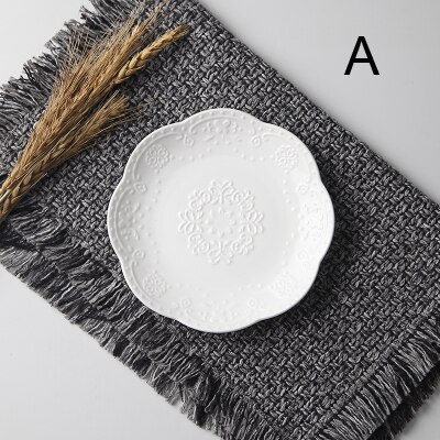 6inch, white embossed porcelain serving dish, ceramic kitchen plates, wedding plates for decoration, party buffet fruit plate: A