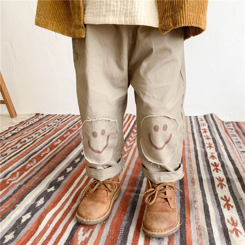 Lente Herfst Koreaanse Stijl Kinderen Knie Patch Casual Broek Jongens En Meisjes Katoen Losse Alle-Wedstrijd Broek: Khaki / 5T