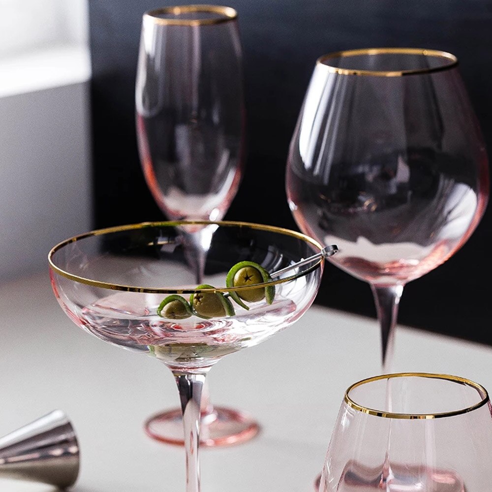 Copa de vino tinto con borde dorado, copa de champán, agua, helado, copa de vino chapada en oro para el hogar, Rosa