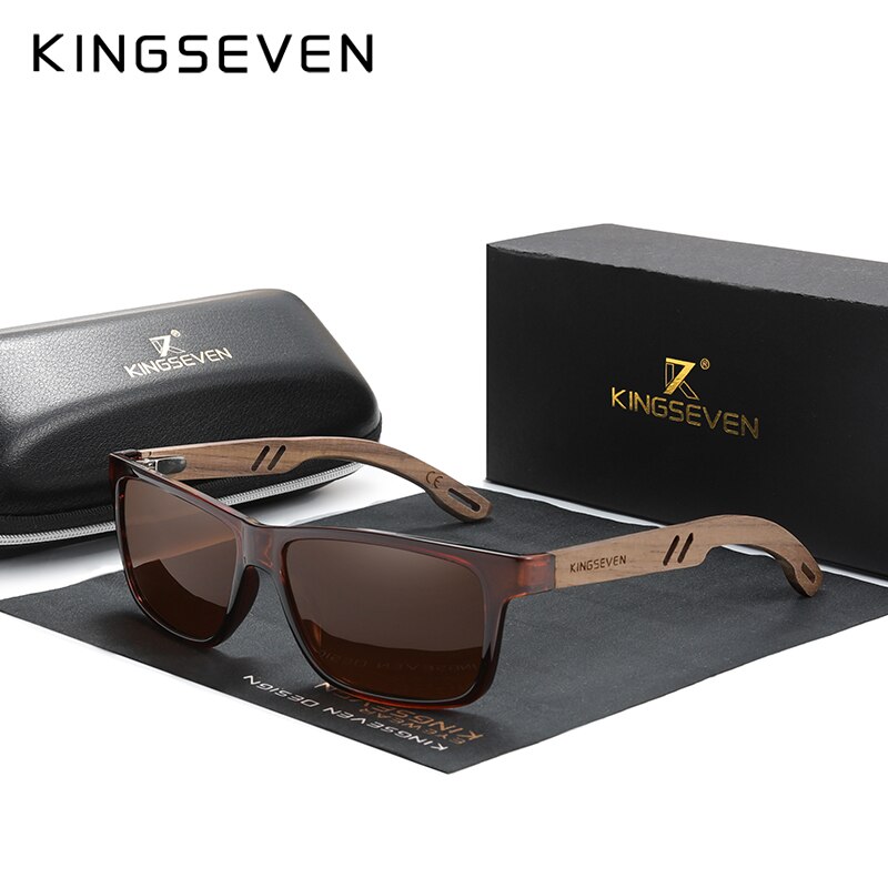 Kingseven 100%  polarisoidut vintage-puiset miesten aurinkolasit, puinen  uv400 suojakerroin, neliönmuotoiset aurinkolasit naisille, gafas de sol: Ruskea