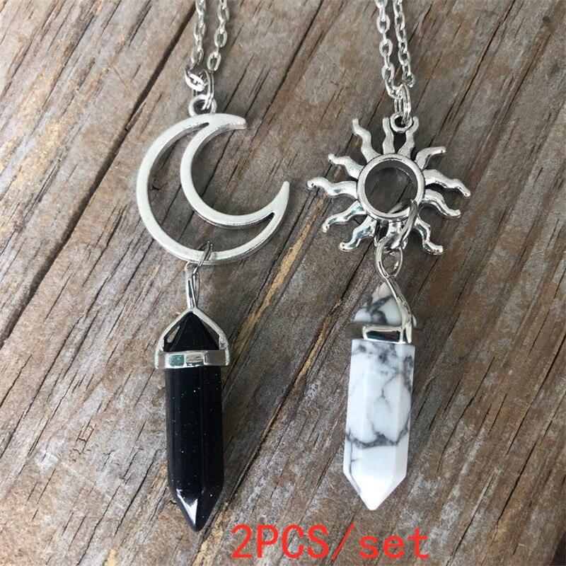 Couples 2 European and American Retro Sun Moon Natural Stone Hexagonal Column Crystal Couple Jewelry Necklace: Default Title