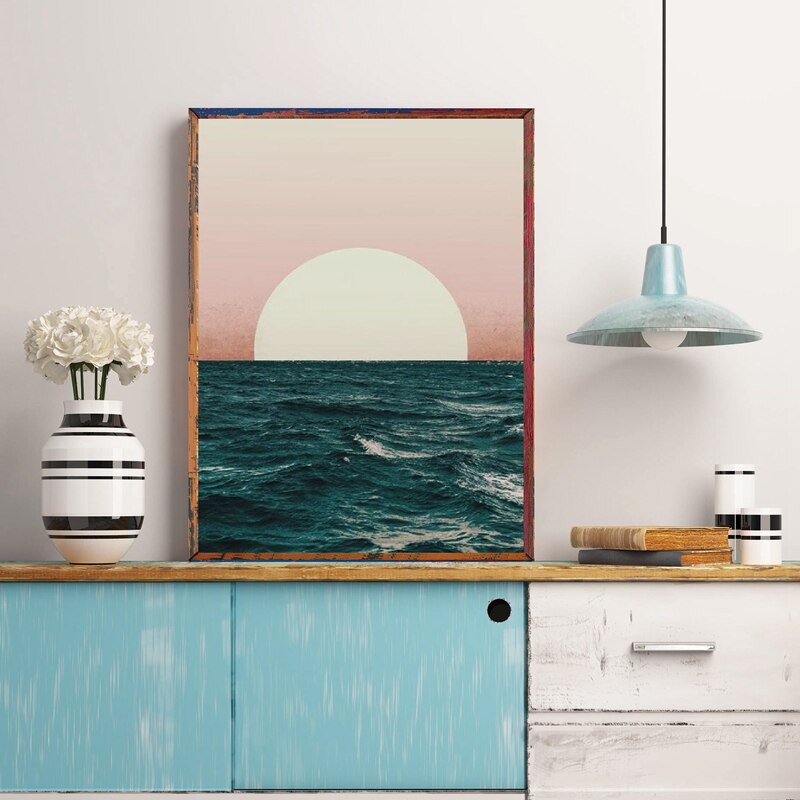 Ocean Sunset Landscape Print Coastal Decor Scandinavian Style Poster Modern Abstract Wall Art Painting Home Wall Decor