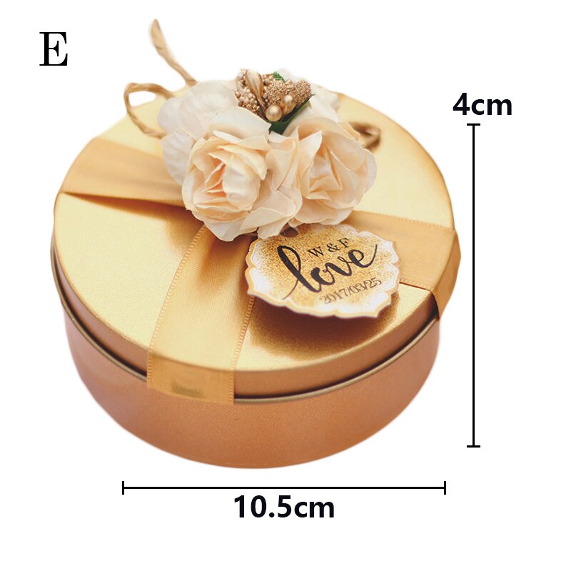 Golden Red Empty Tin Box Metal Tin Jars Wedding Candy Storage Boxes With Ribbon Flower Wedding Party Supplies: E