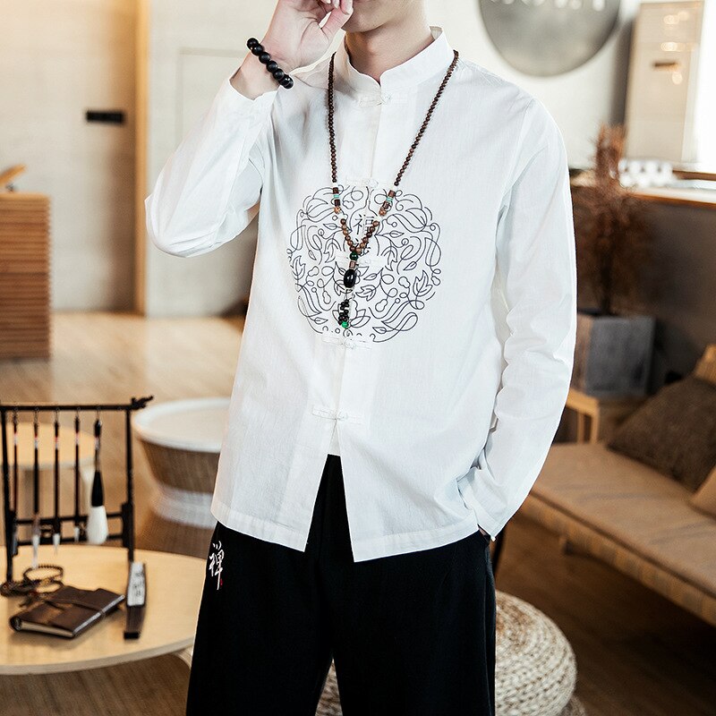 Traditionele Chinese Kleding Voor Mannen Katoen Linnen Shirts Wit Borduren Kung Fu Tai Chi Hanfu Mannelijke China Stijl Tops CN-024